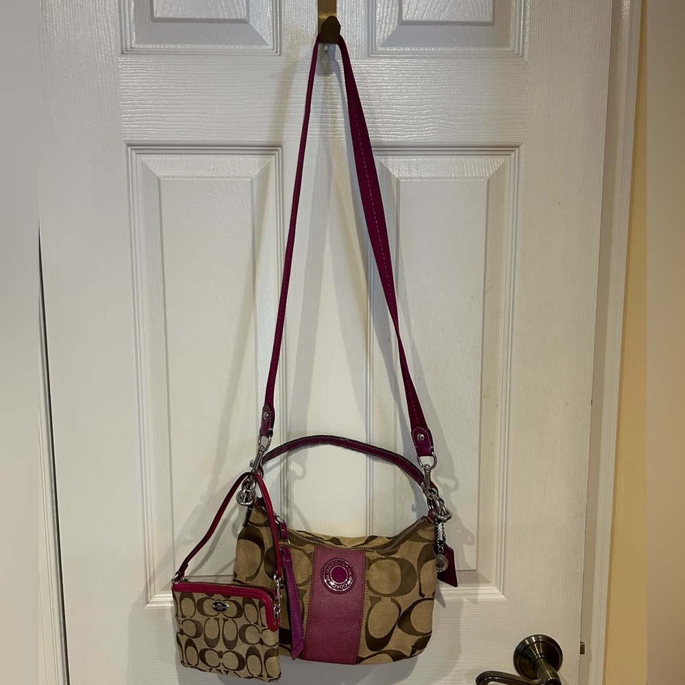 Coach Tan and Fuchsia Crossbody Bag and Matching Wristlet.